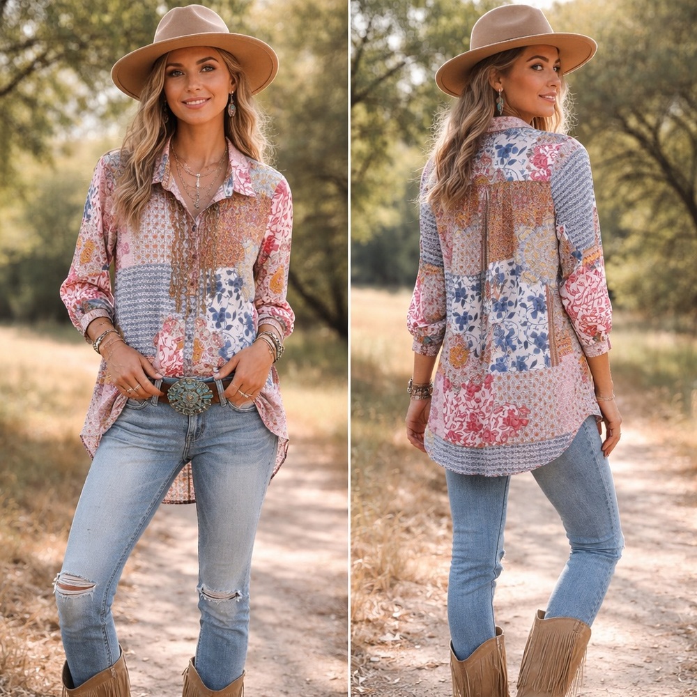 Aratta Silent Journey Patchwork Boho Button Front… - image 1